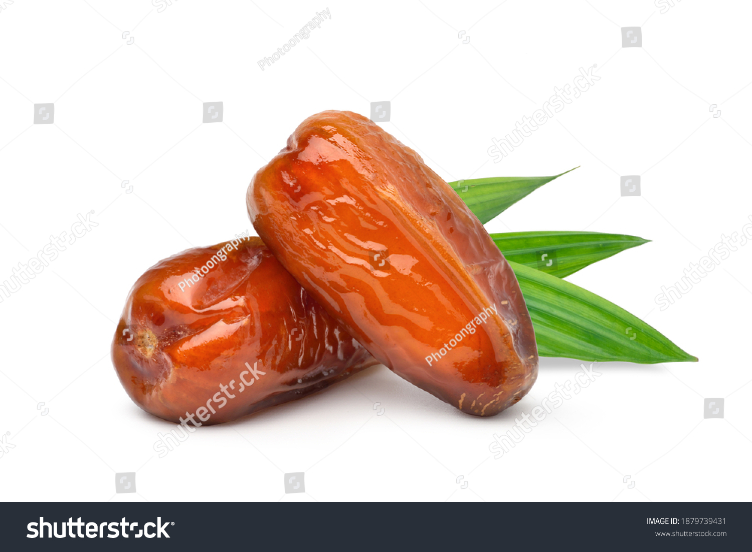 Dried Date palm fruits with green leaf isolate on white background. #1879739431