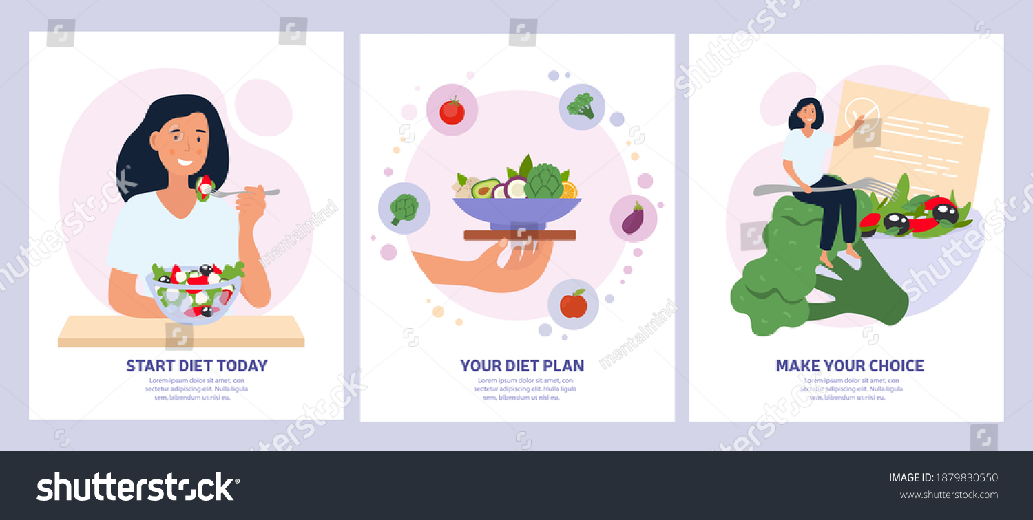 Vegetarian concept with healthy fresh diet showing a woman eating salad, bowl of greens and making a choice. Set of vector illustrations #1879830550