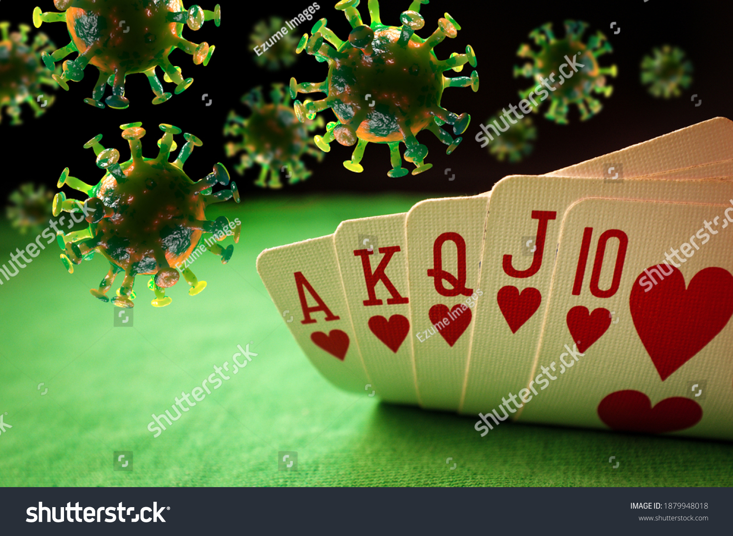 Poker winning hand royal flush with coronavirus cells as symbolic metaphor for a cure or vaccine for the virus #1879948018