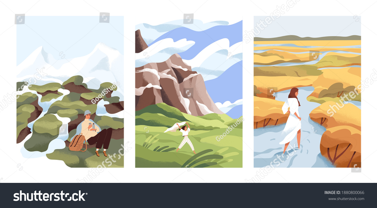 People walk in wild nature alone. Man and woman against the beautiful landscapes vector flat illustrations. Scenic mountain and river view with characters. Concept of freedom, choice, finding your way