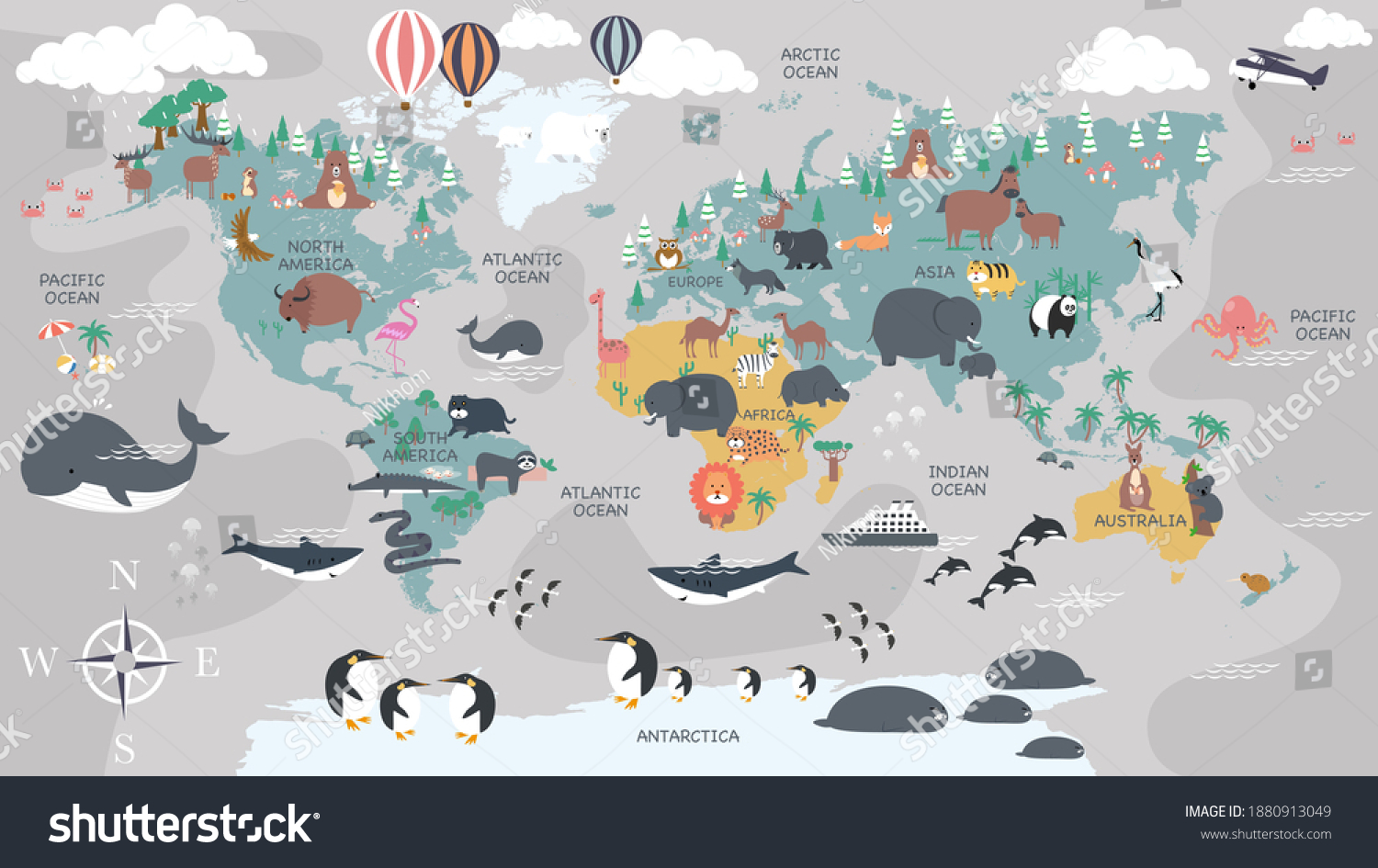 The world map with cartoon animals for kids, nature, discovery and continent name, ocean name, countries name. vector Illustration. #1880913049