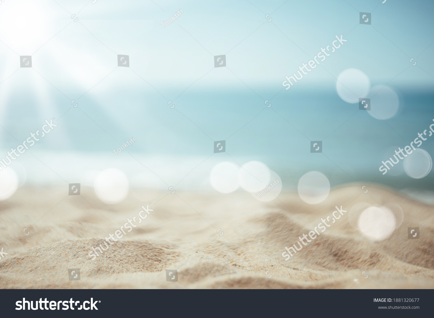 Copy space blur tropical beach with bokeh sun light wave on blue sky and white cloud abstract background. Summer vacation outdoor and travel holiday adventure concept. Vintage tone filter effect color #1881320677
