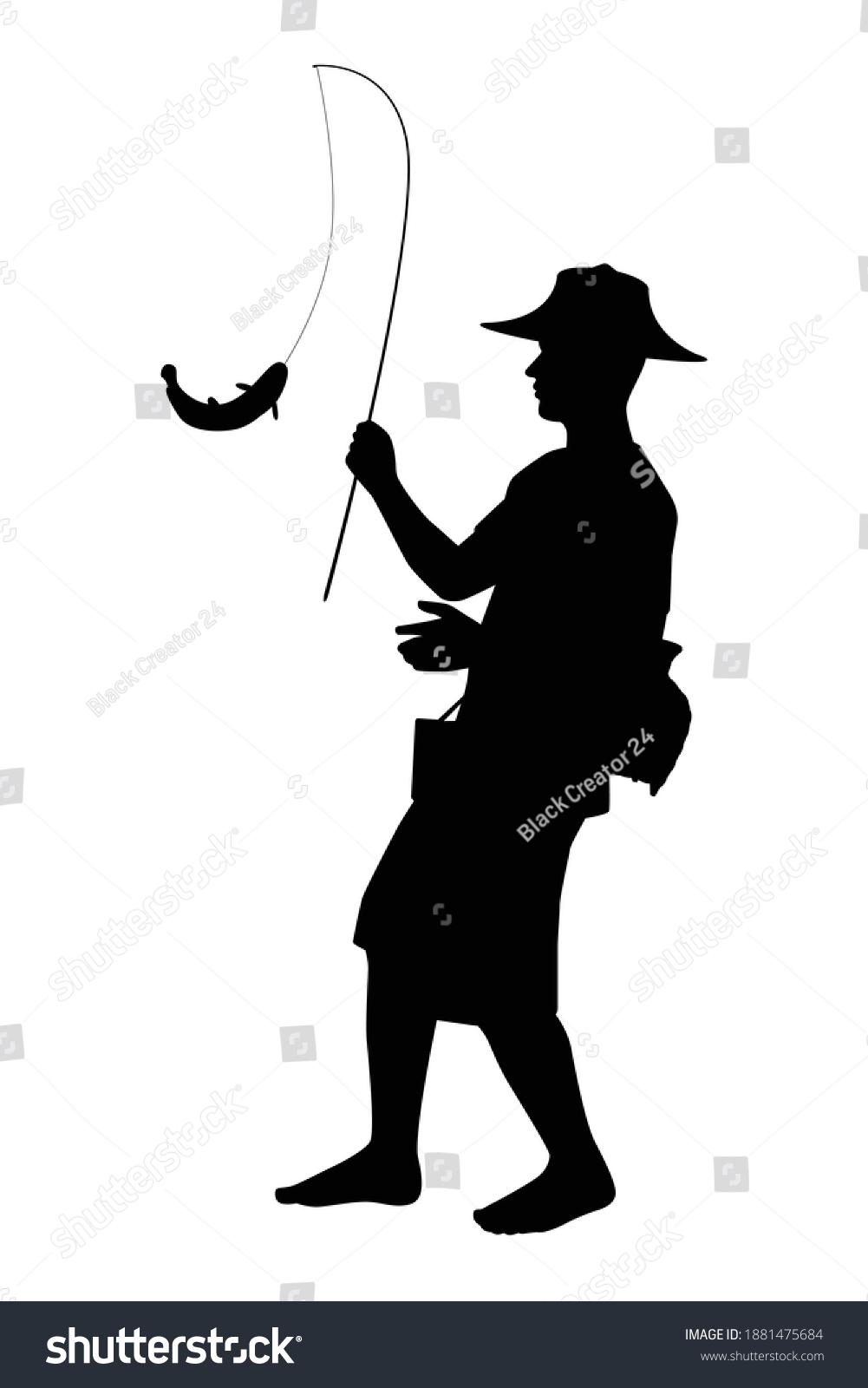 Asian fisherman with fishing pole silhouette vector #1881475684