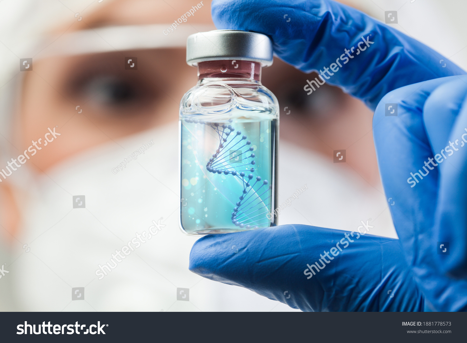UK lab scientist biotechnologist holding glass ampoule phial with DNA strand,molecule of two polynucleotide chains forming double helix carrying Coronavirus genetic instruction,new strain RNA mutation #1881778573