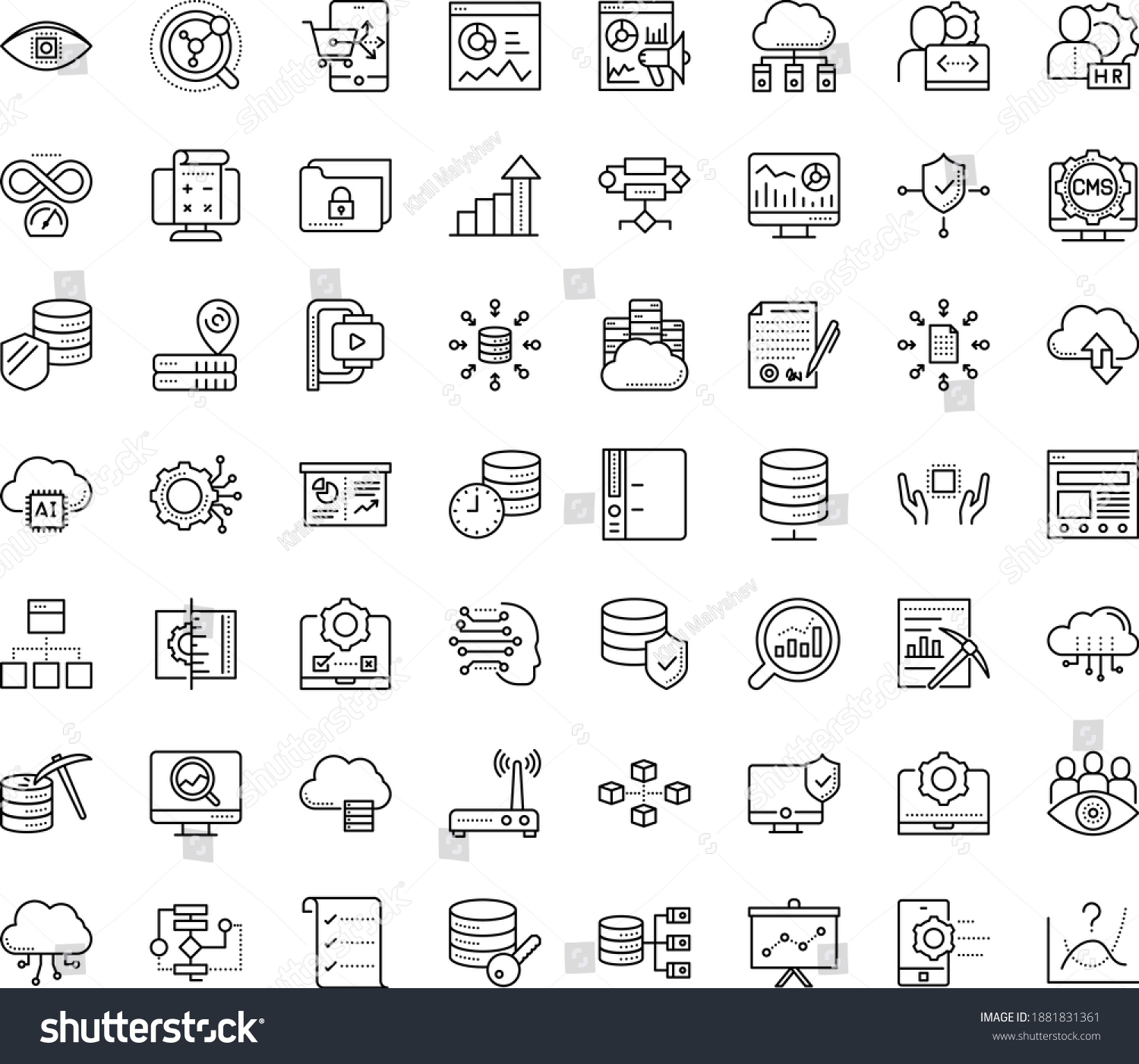 Thin outline vector icon set with dots - growth vector, hr manager, Web analytics, SEO monitoring, Marketing, Business Planning, Machine learning, Algorithm, Data mining, Computer Vision, Folder #1881831361