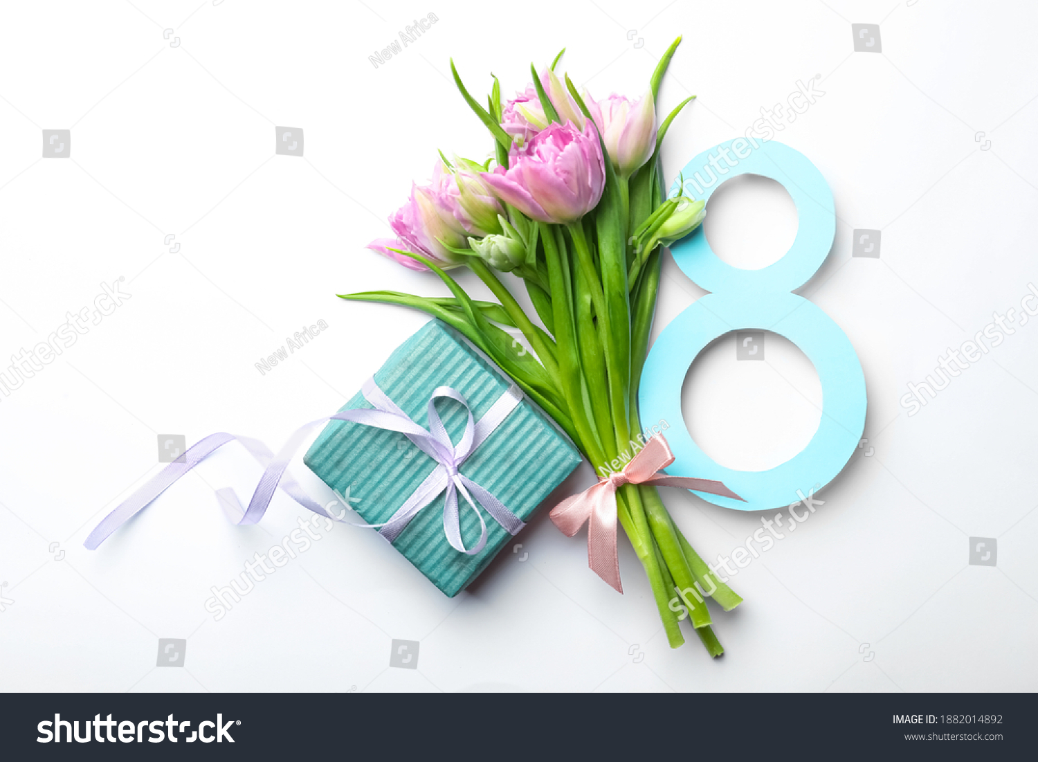 8 March greeting card design with tulips and gift on white background, top view #1882014892