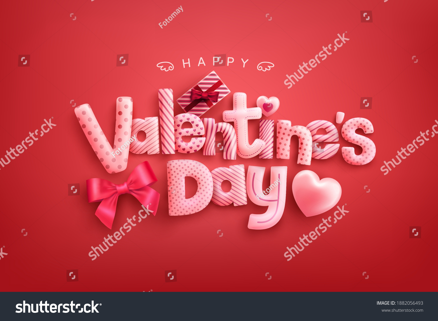Happy Valentine's Day Poster or banner with cute font,sweet hearts and gift box on red background.Promotion and shopping template or background for Love and Valentine's day concept #1882056493