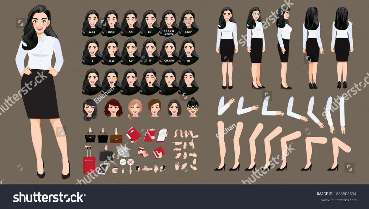 Businesswoman cartoon character creation set with various views, hairstyles, face emotions, lip sync and poses. Parts of body template for design work and animation. #1883806594