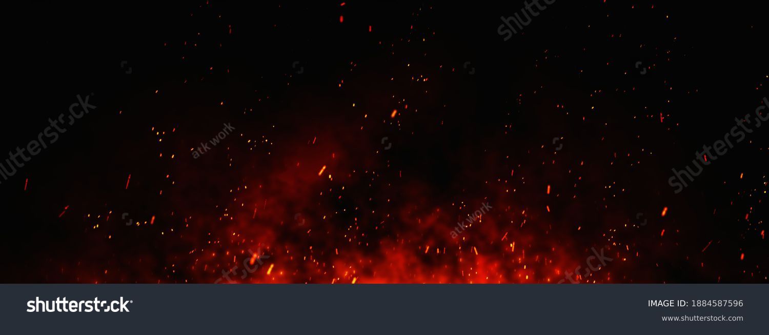Fire embers particles over black background. Fire sparks background. Abstract dark glitter fire particles lights. bonfire in motion blur. #1884587596