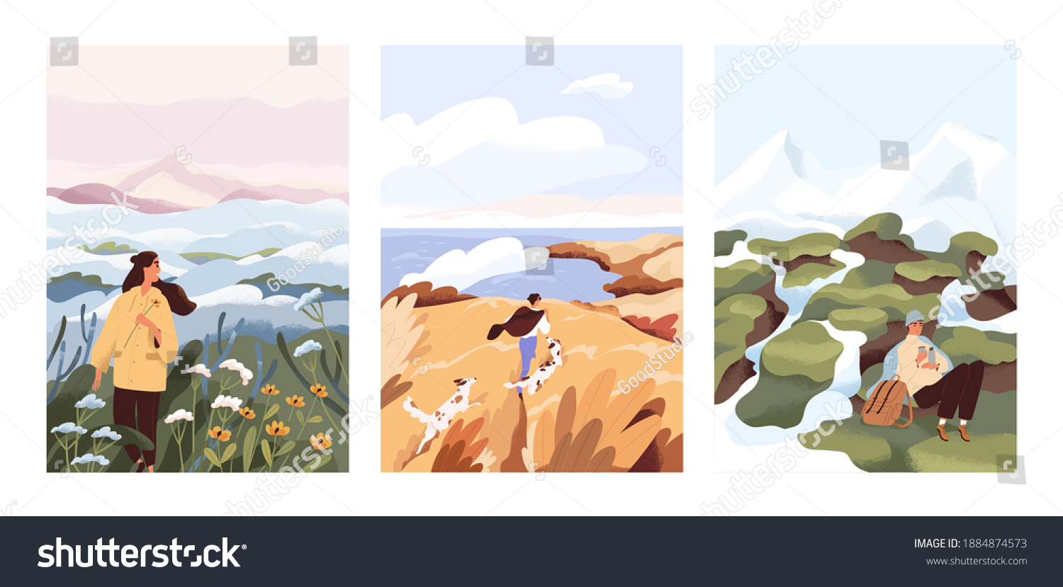 Man and woman relax outdoor at natural landscape vector flat illustration. Scenes with people walking alone, enjoy scenic nature views. Concept of freedom, relax and inspirational lifestyle #1884874573