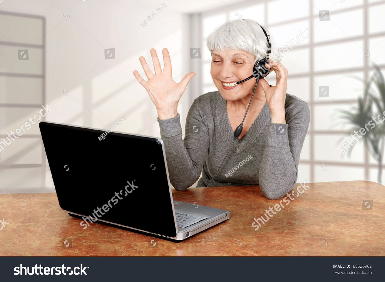elderly woman senior at the computer communicates laptop, grandmother  #188526962