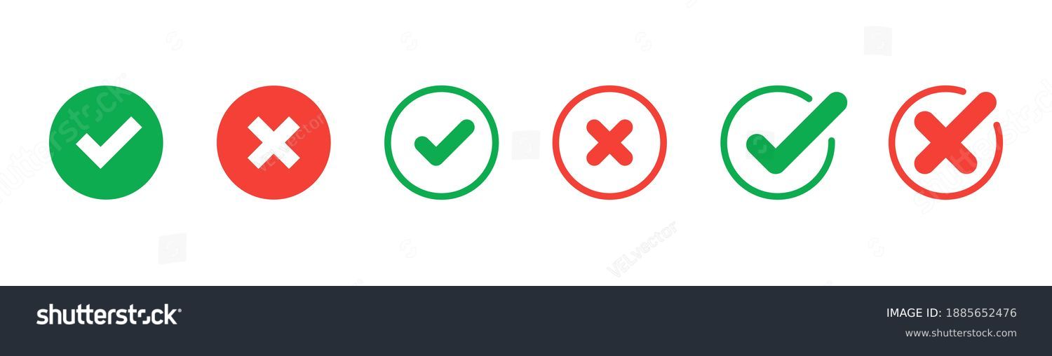 Green check mark and red cross icon.Set of simple icons in flat style: Yes-No, Approved-Disapproved, Accepted-Rejected, Right-Wrong, Correct-False, Green-Red, Ok-Not Ok. Vector illustration #1885652476