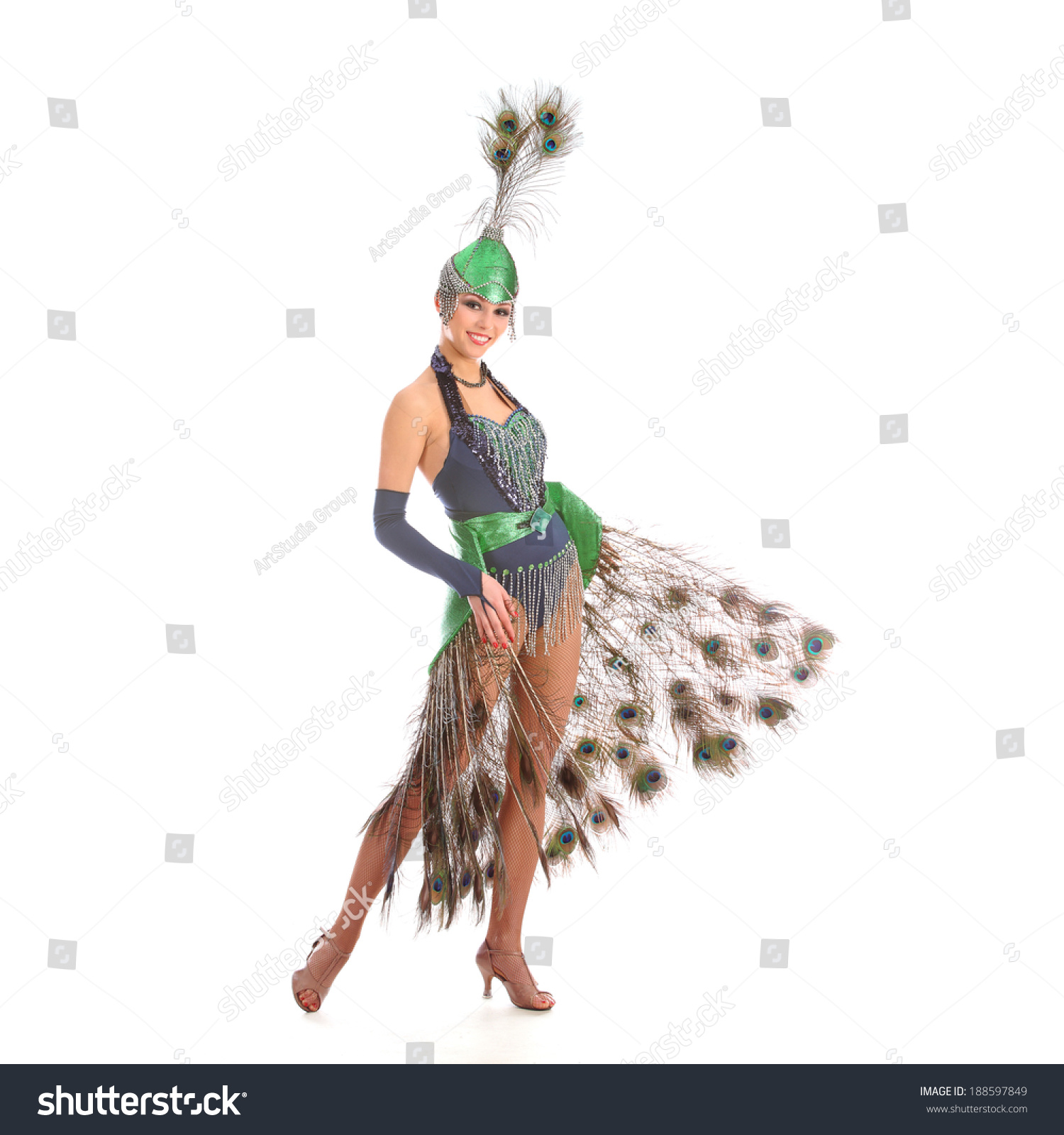 Burlesque dancer with peacock feathers and green dress  #188597849