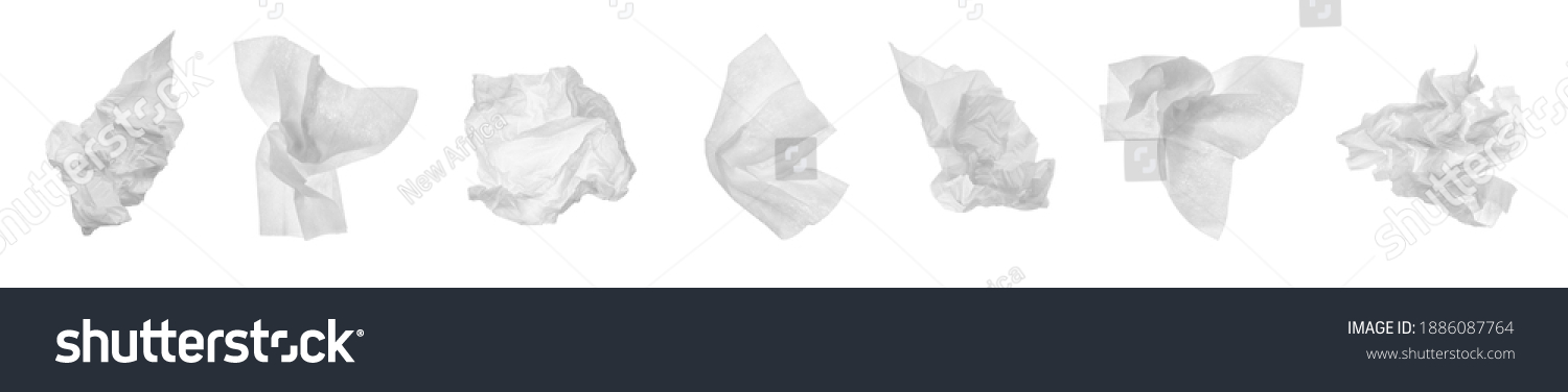 Set with used crumpled paper tissues on white background. Banner design #1886087764