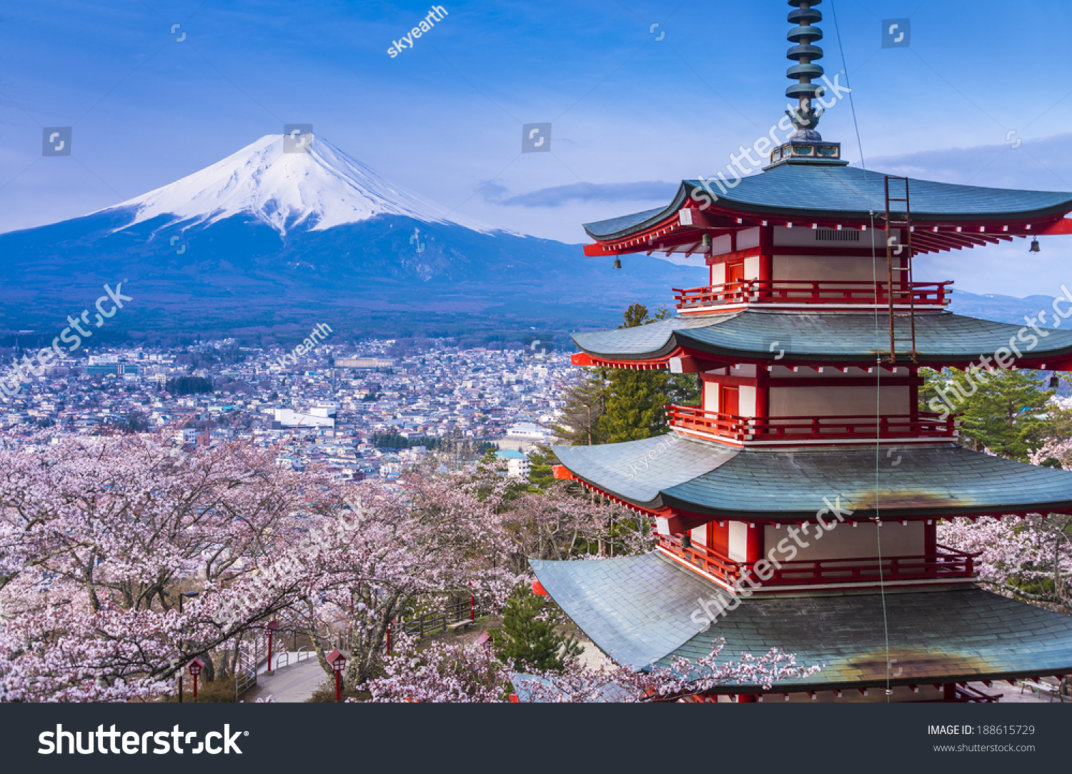 Red Pagoda with Mt Fuji on the background  #188615729