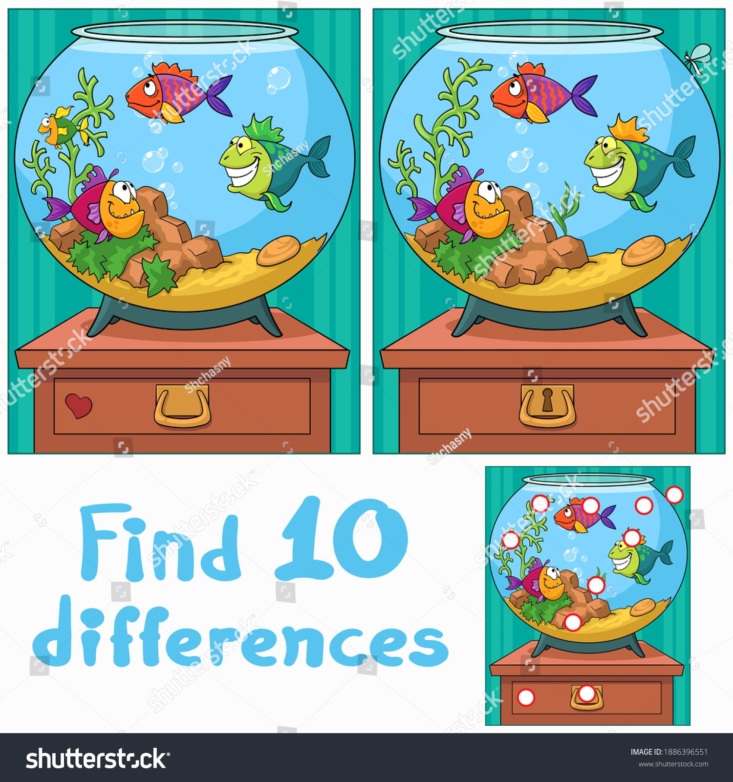 Funny fish in the aquarium. Find 10 differences. Educational game for children. Cartoon vector illustration. #1886396551