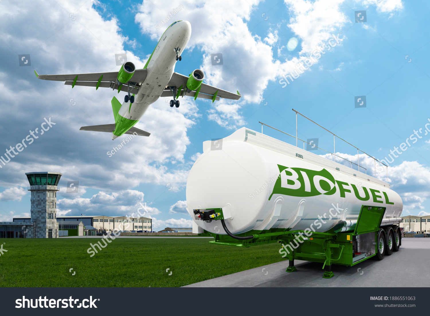 Airplane and biofuel tank trailer on the background of airport. New energy sources #1886551063