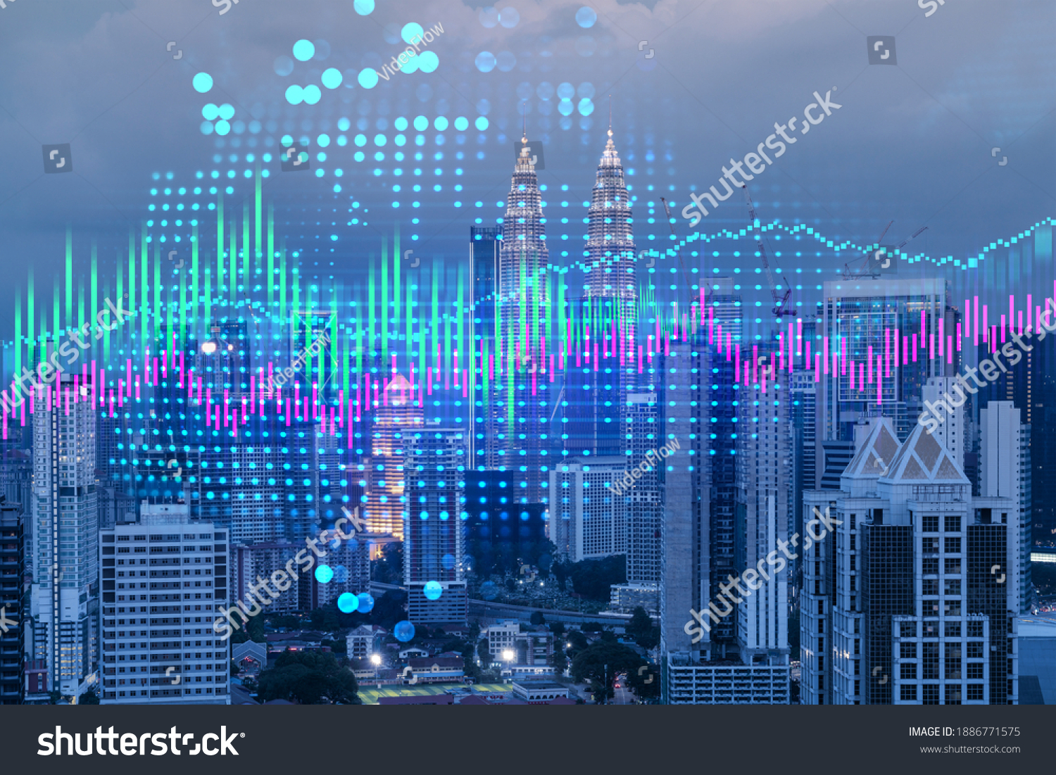 Stock market graph hologram, night panorama city view of Kuala Lumpur. KL is popular location to gain financial education in Malaysia, Asia. The concept of international research. Double exposure. #1886771575