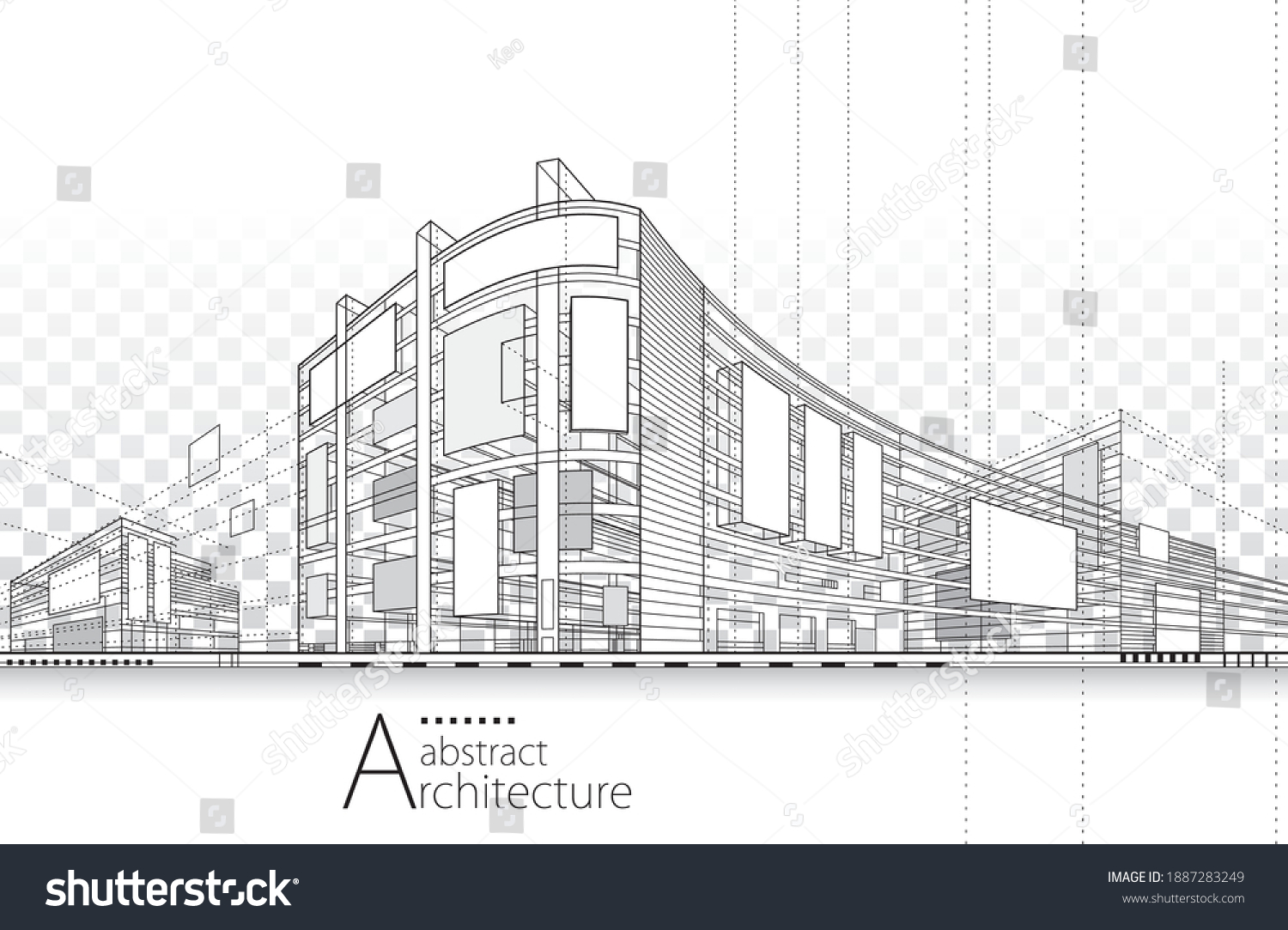 3D illustration architecture building construction perspective design, abstract modern urban building line drawing. #1887283249