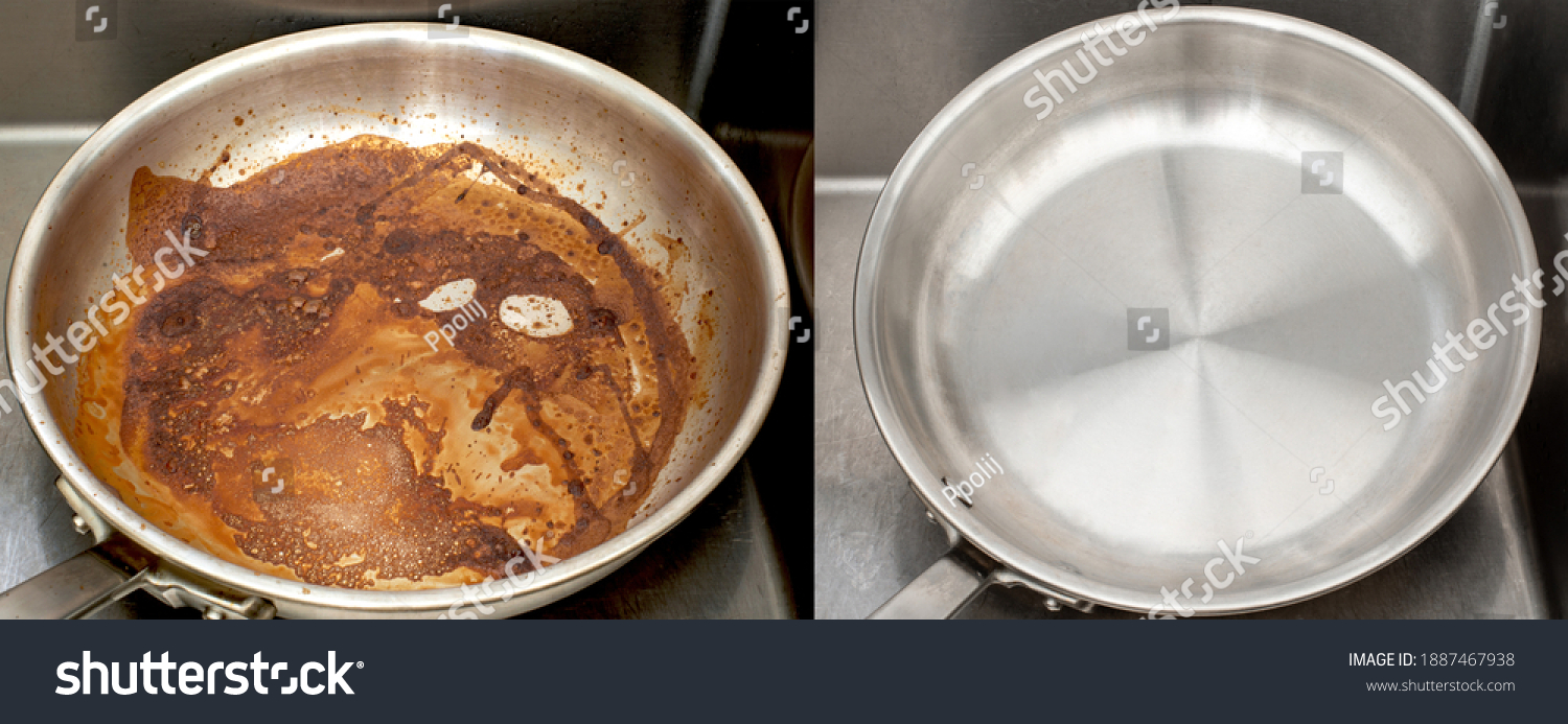 Compare image before and after cleaning the unclean able stained pot from burnt cooking pan. The dirty stainless steel pan with the clean pan clean shiny bright like new in the kitchen sink. #1887467938