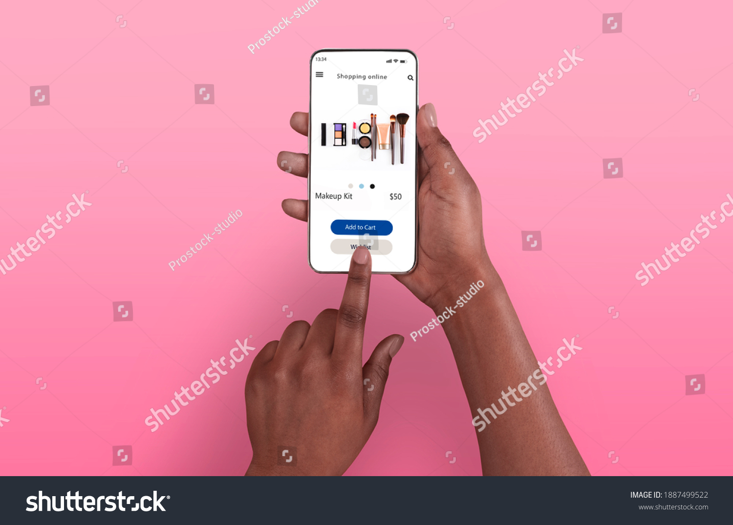 Female Shopping Concept. Above top overhead view of black woman browsing online make up store on her smart phone, isolated on pink background, touching screen. Customer ordering via internet #1887499522