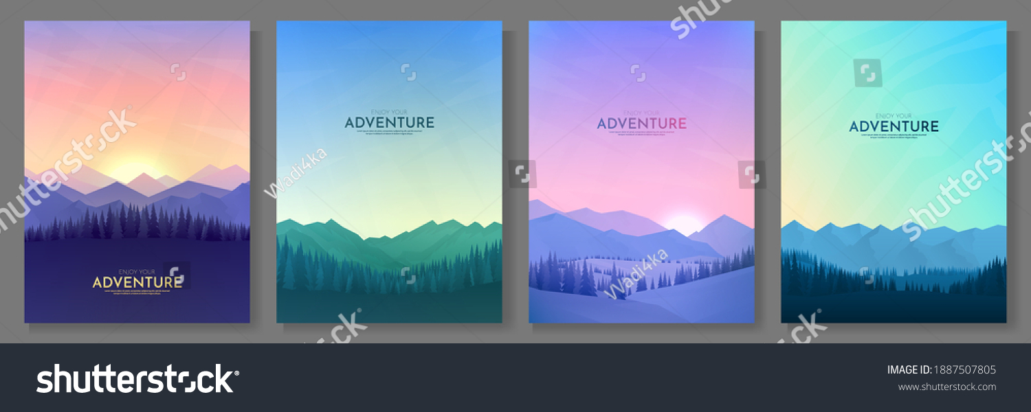 Vector illustration. Flat background set. Minimalist style. 4 landscapes collection. Mountain view, forest trees. Geometric polygonal design. Design for poster, book cover, banner, flyer, gift card #1887507805