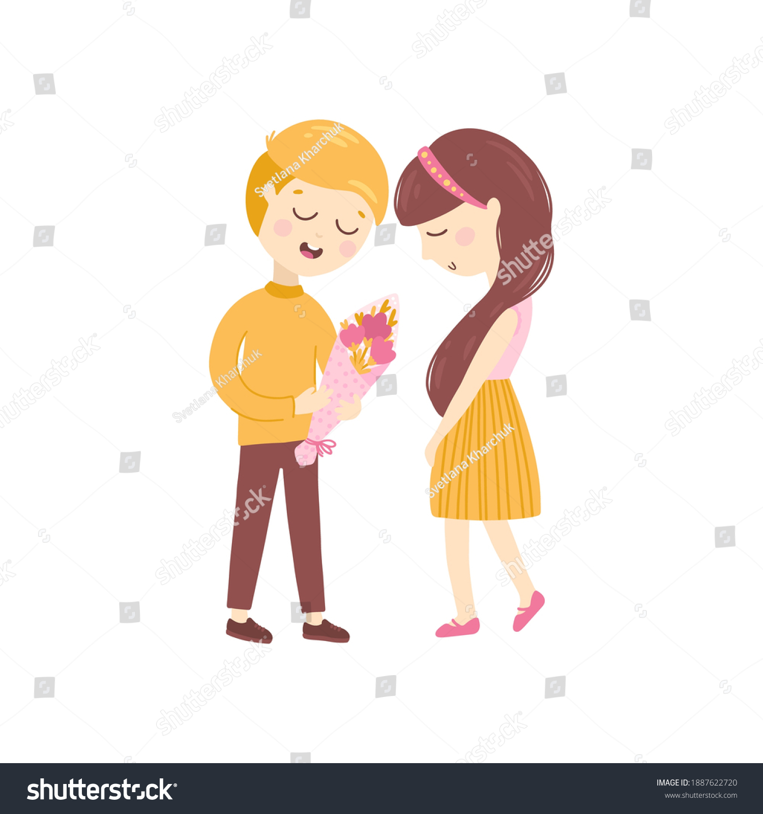 Couple in love. The boy gives the girl a bouquet - Royalty Free Stock ...