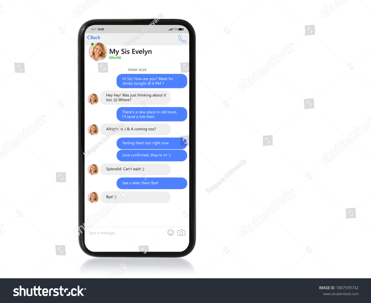 Mockup of mobile phone with sample chat app and text bubbles on screen #1887939742