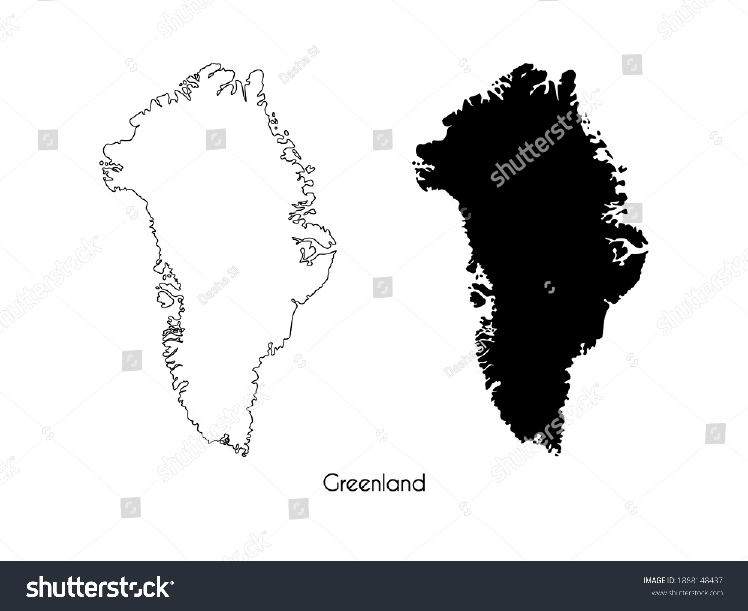 Isolated linear outline and black silhouette map of Greenland on white background. Highly detailed map of Greenland with country name. Vector. #1888148437