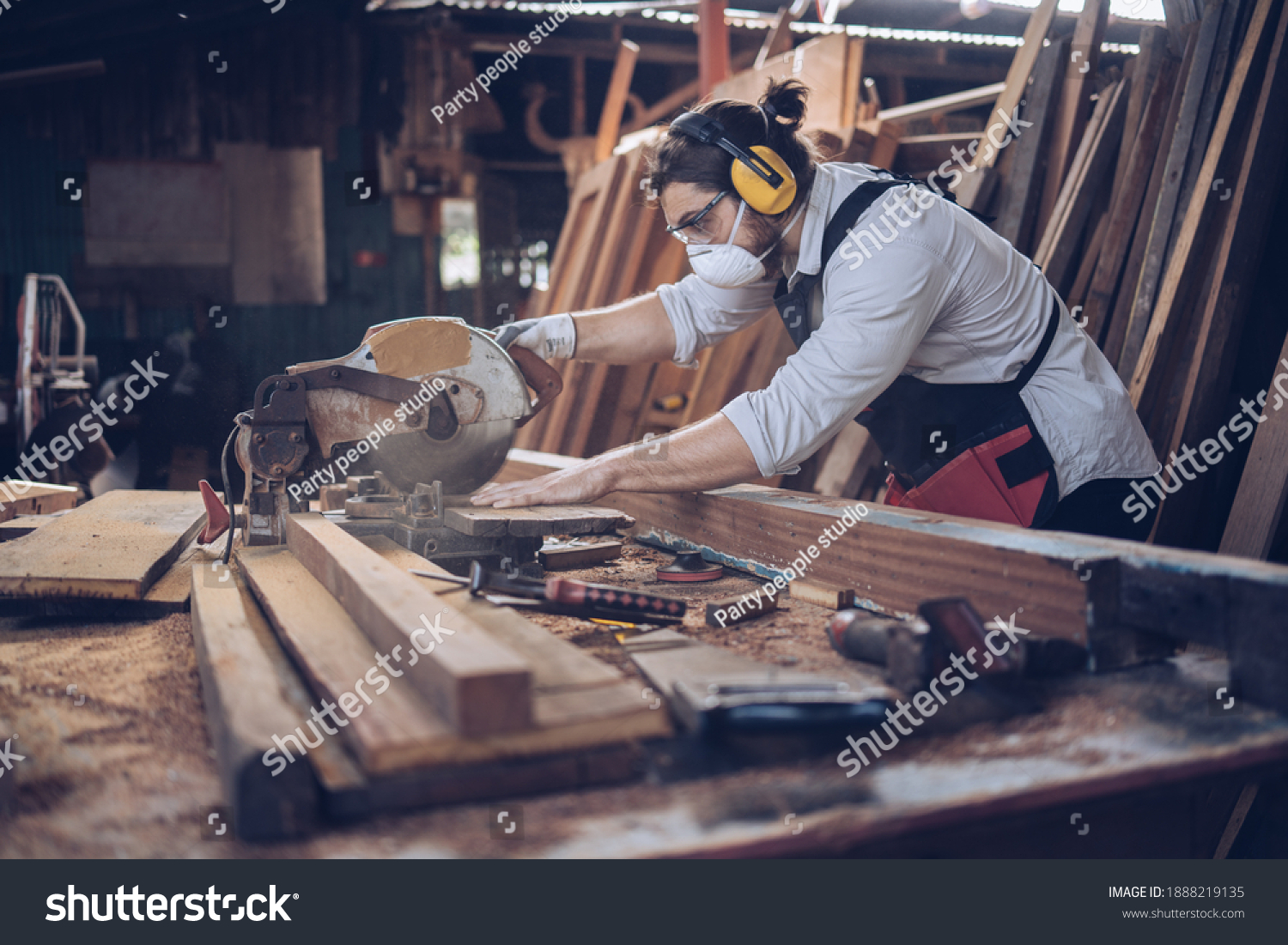 Woodworking carpenter furniture hand cuting.Man factory industry manufacturer, working workshop, maker construction. Skills artisan workshop factory. #1888219135