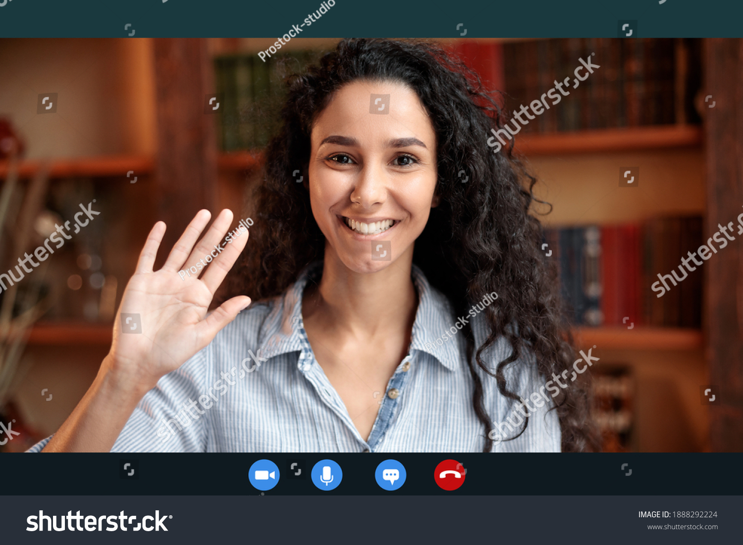 Head shot of smiling young female employee worker waving hand to webcam, greeting colleagues at remote brainstorm online meeting, woman using computer video call software app, laptop screen view #1888292224
