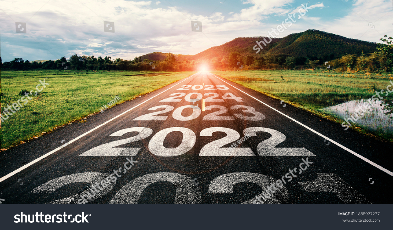 2021-2025 written on highway road in the middle of empty asphalt road and beautiful blue sky. Concept for vision 2021-2025. #1888927237