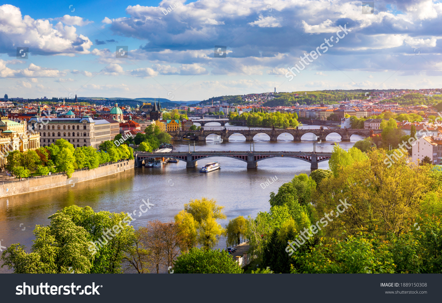 Old town of Prague. Czech Republic over river Vltava with Charles Bridge on skyline. Prague panorama landscape view with red roofs.  Prague view from Letna Park, Prague, Czechia. #1889150308