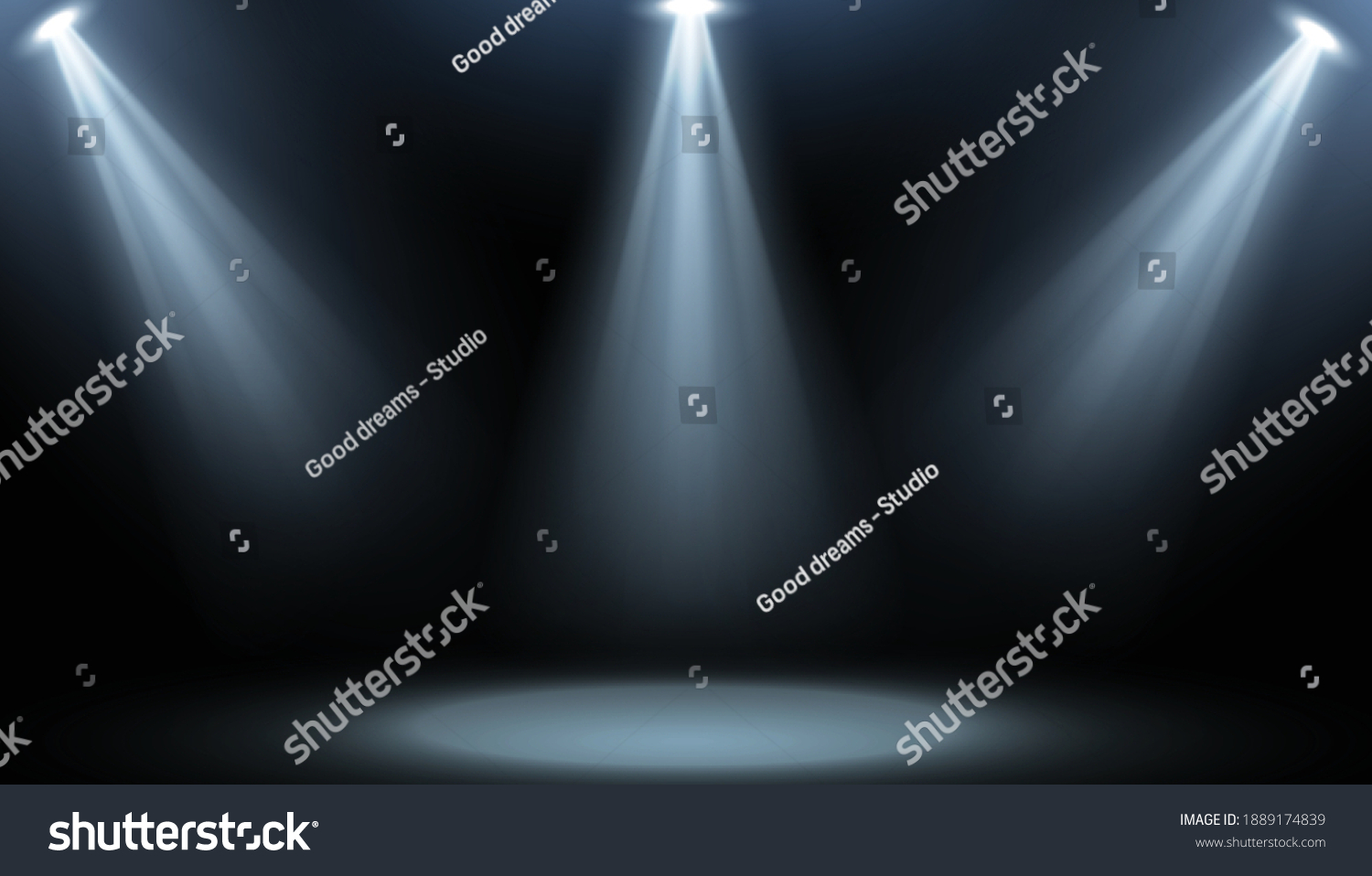 Room studio background with focus spotlight. Grey background with 3 shining spotlights. #1889174839