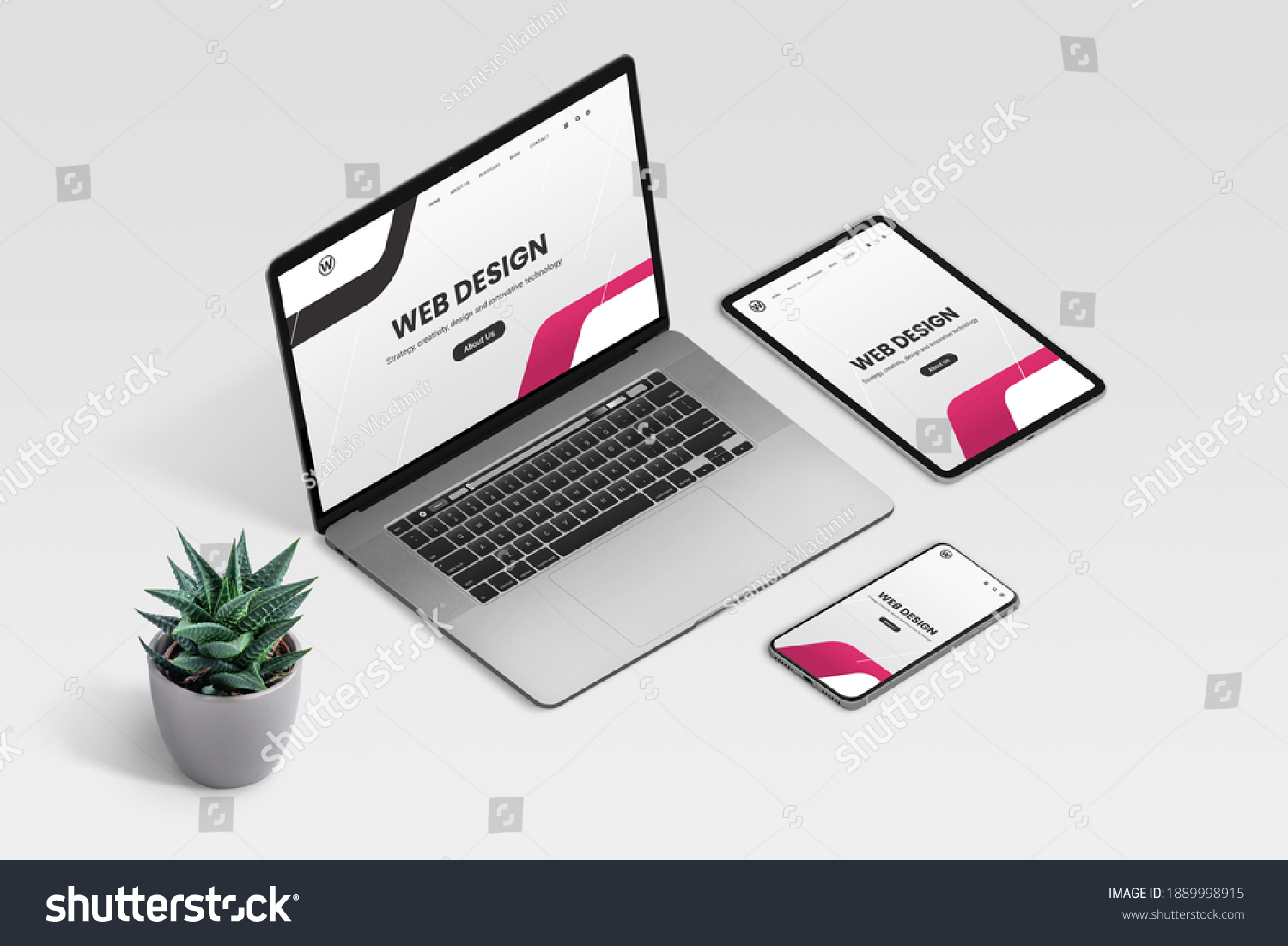 Web design studio promo page on laptop, tablet and phone display concept. Isometric view of desk with plant decoration #1889998915