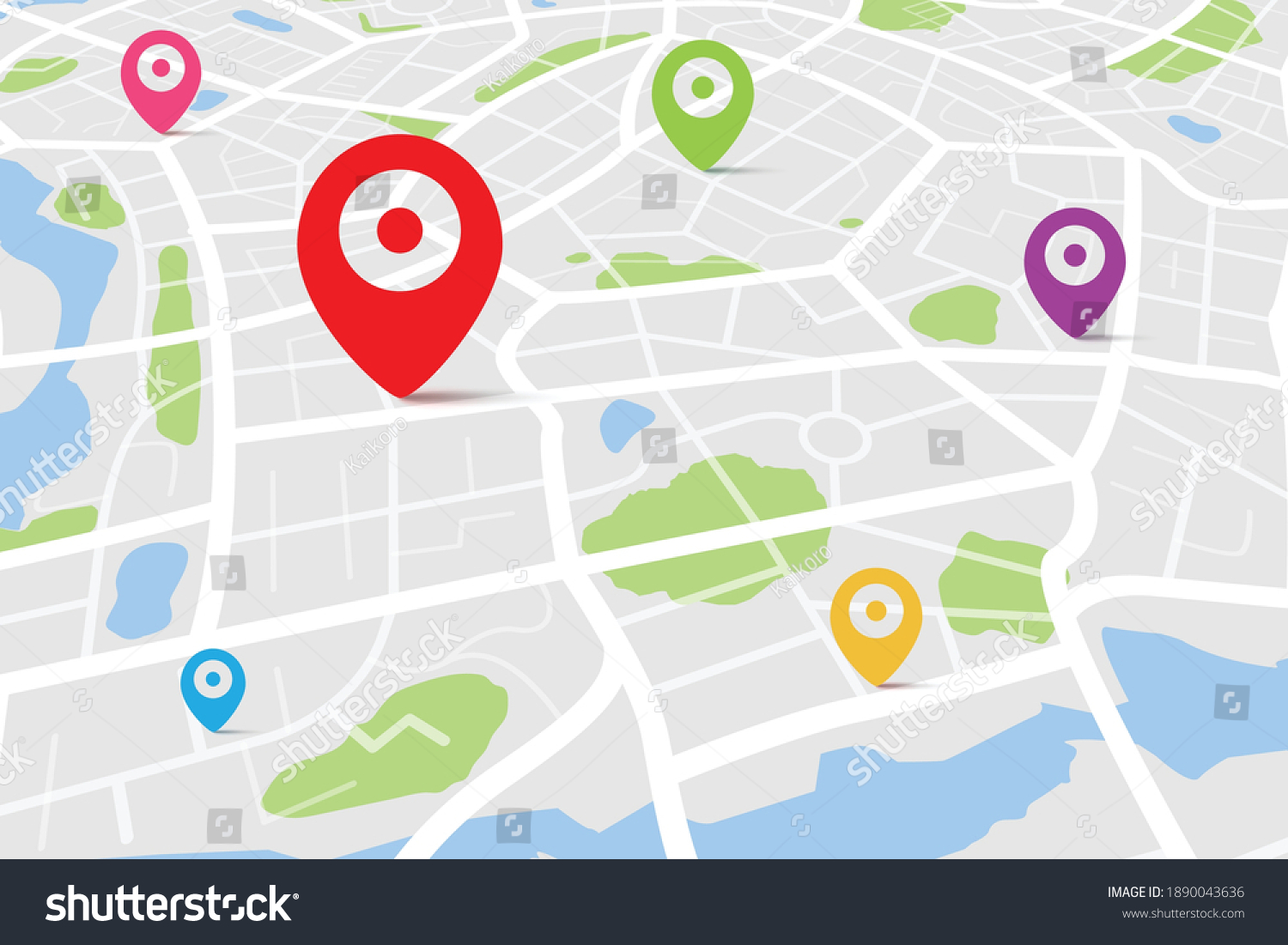 3D top view of a map with destination location point, Aerial clean top view of the day time city map with street and river, Blank urban imagination map, GPS map navigator concept, vector illustration #1890043636