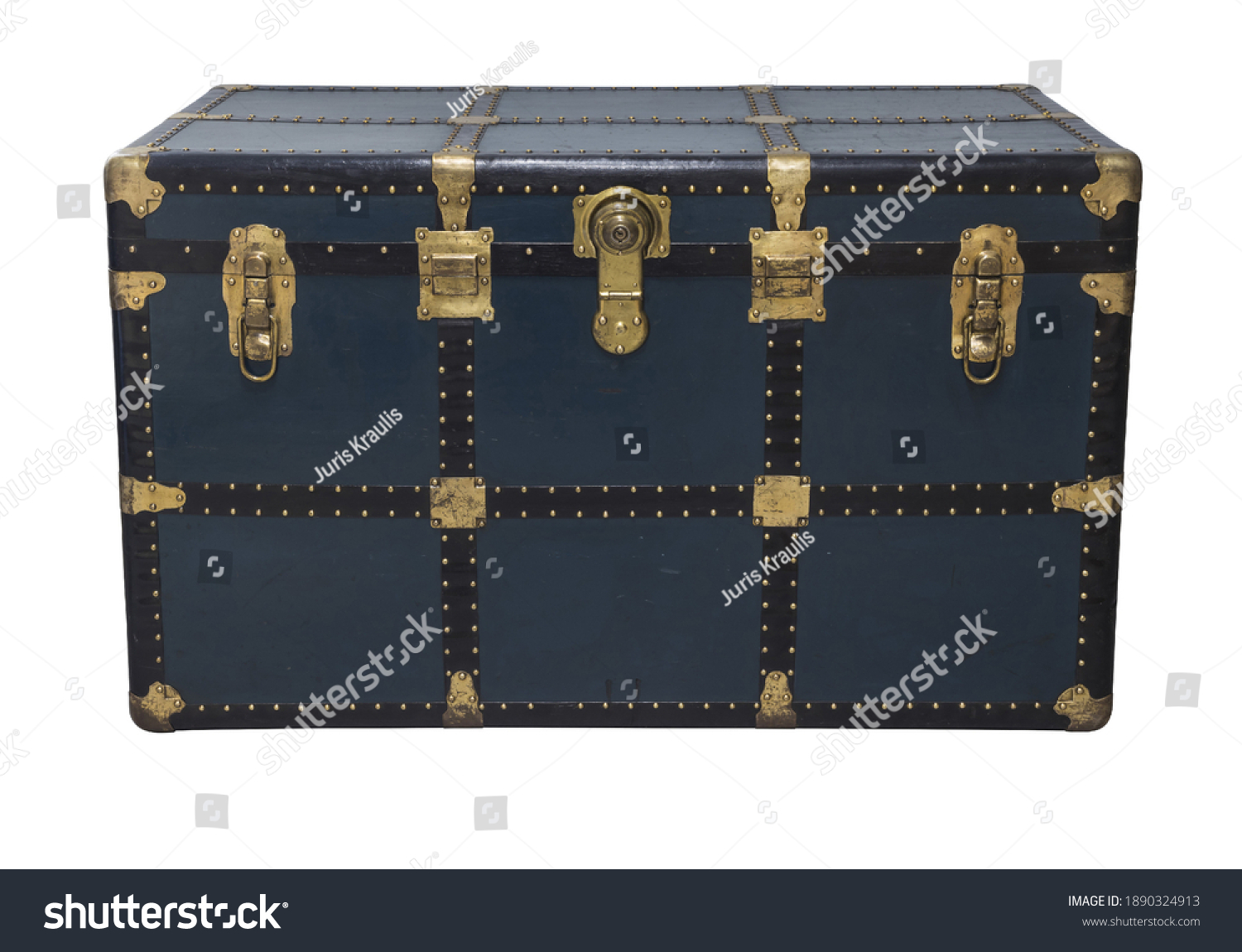 Antique Blue Tin Travel Trunk Steamer Chest Tin Chest Trunk closed isolated on white background #1890324913