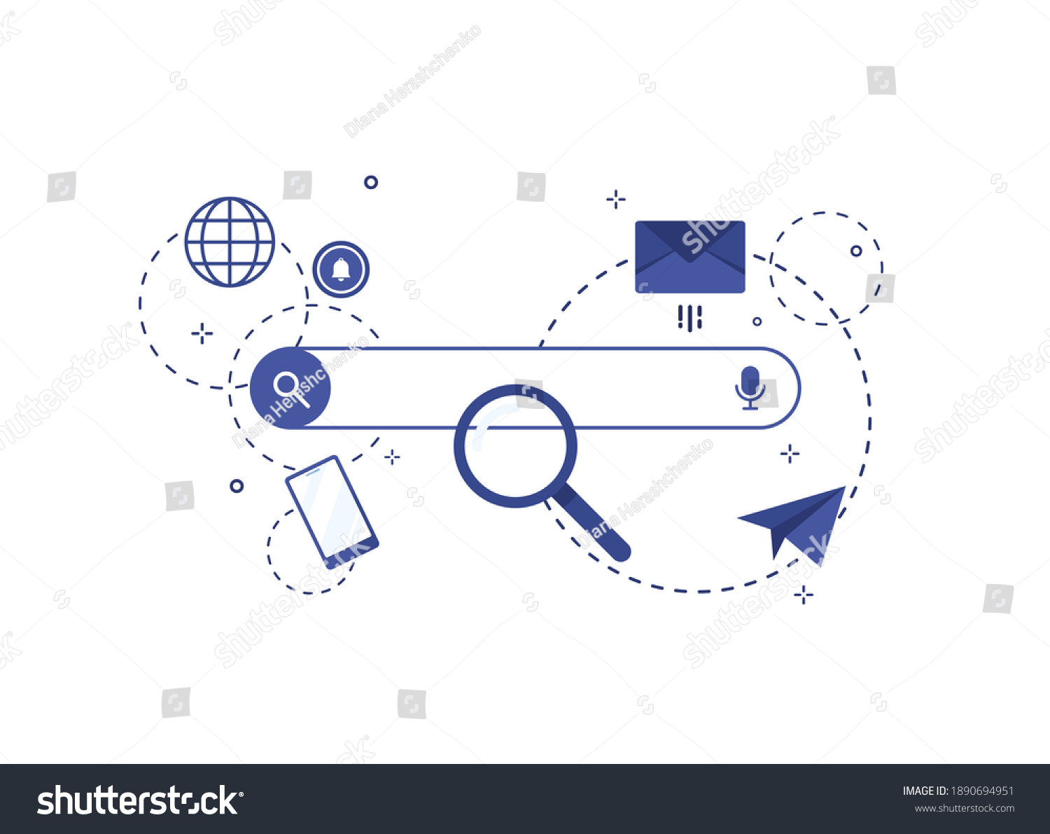 Web search page. Web window on white background. In flat design vector illustration. Browser with search bar field and search button. Blue. Eps 10 #1890694951