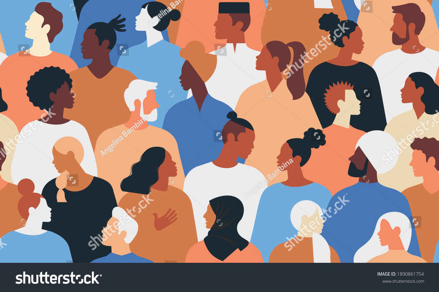 Crowd of young and elderly men and women in trendy hipster clothes. Diverse group of stylish people standing together. Society or population, social diversity. Flat cartoon vector illustration. #1890861754