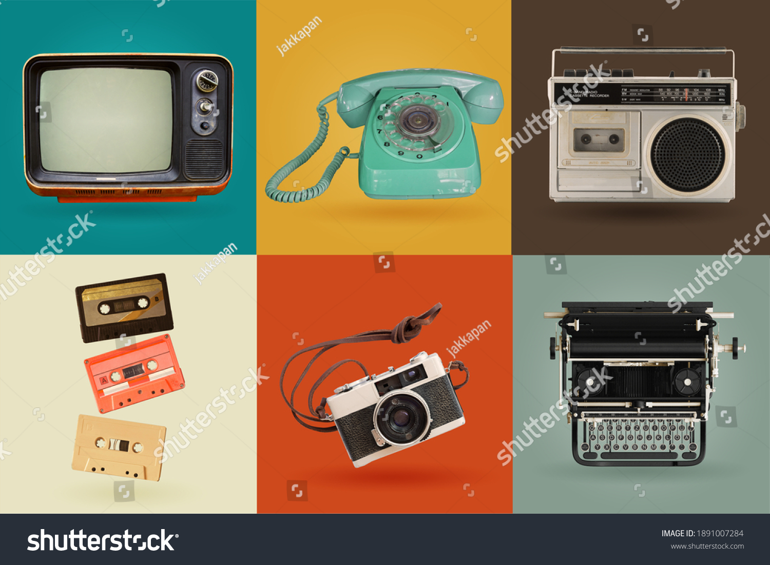 Retro electronics set. Nostalgic collectibles from the past 1980s - 1990s. objects isolated on retro color palette with clipping path. #1891007284