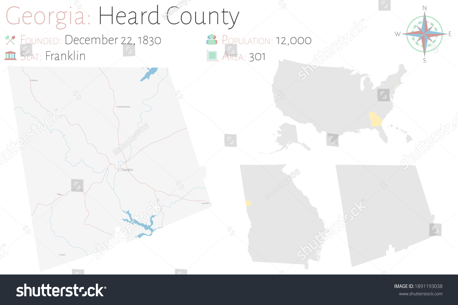 Large and detailed map of Heard county in - Royalty Free Stock Vector ...