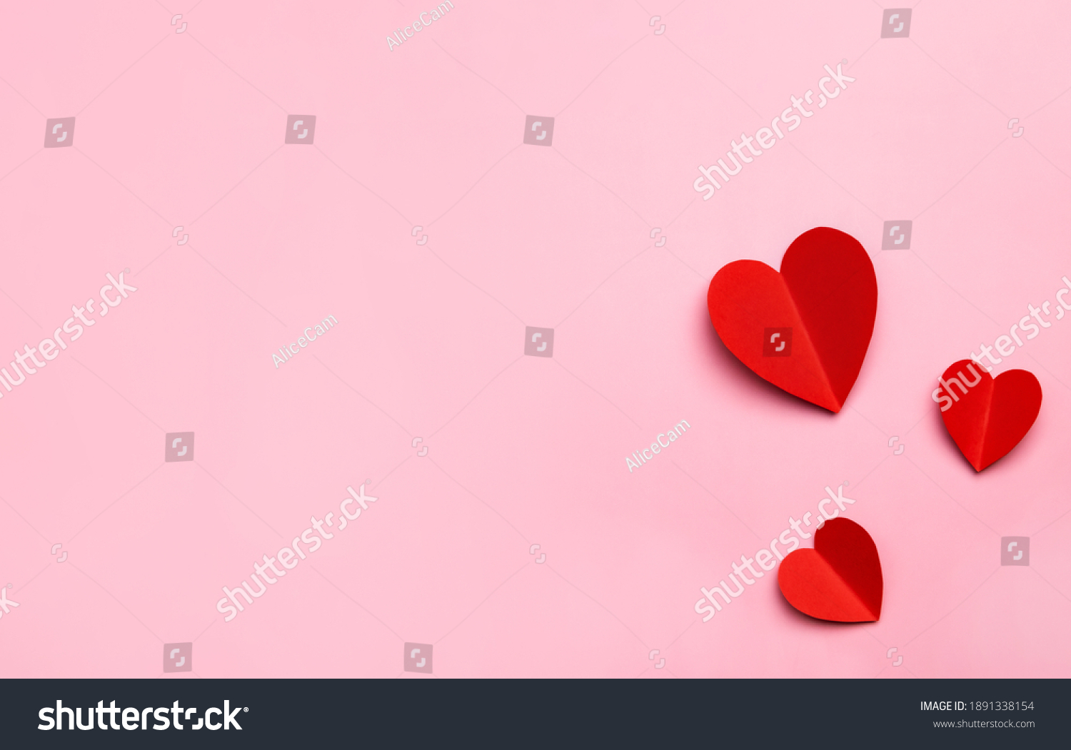 Valentine's Day pink background with red hearts shape. Copy space, space for text. Mockup template for design. #1891338154