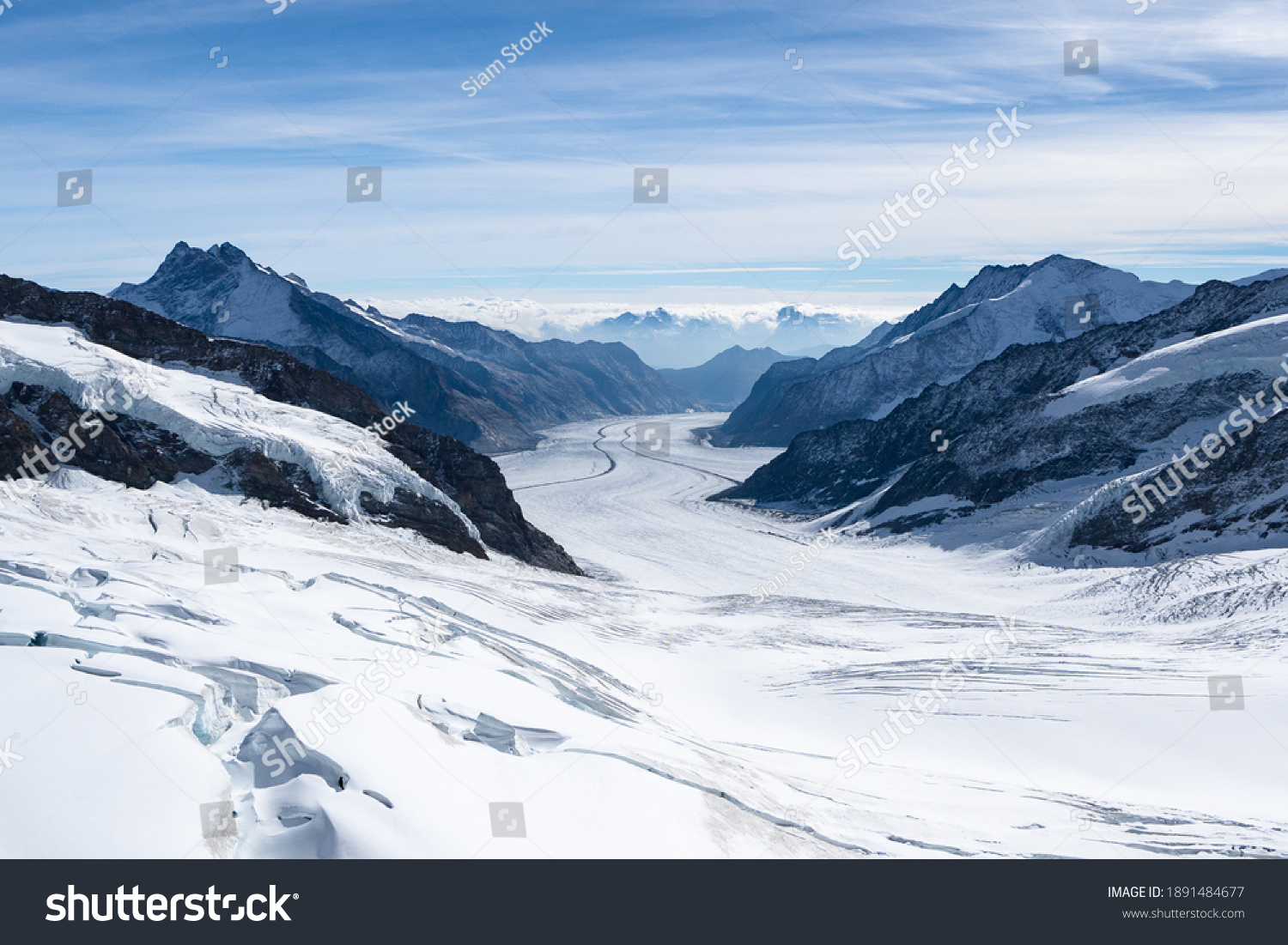 Amazing view of Aletsch Glacier, the largest glacier in the Alps, world heritage of Swiss and Bernese alps alpine snow mountains peaks, beautiful landscapes view downhill from the top of Jungfraujoch. #1891484677