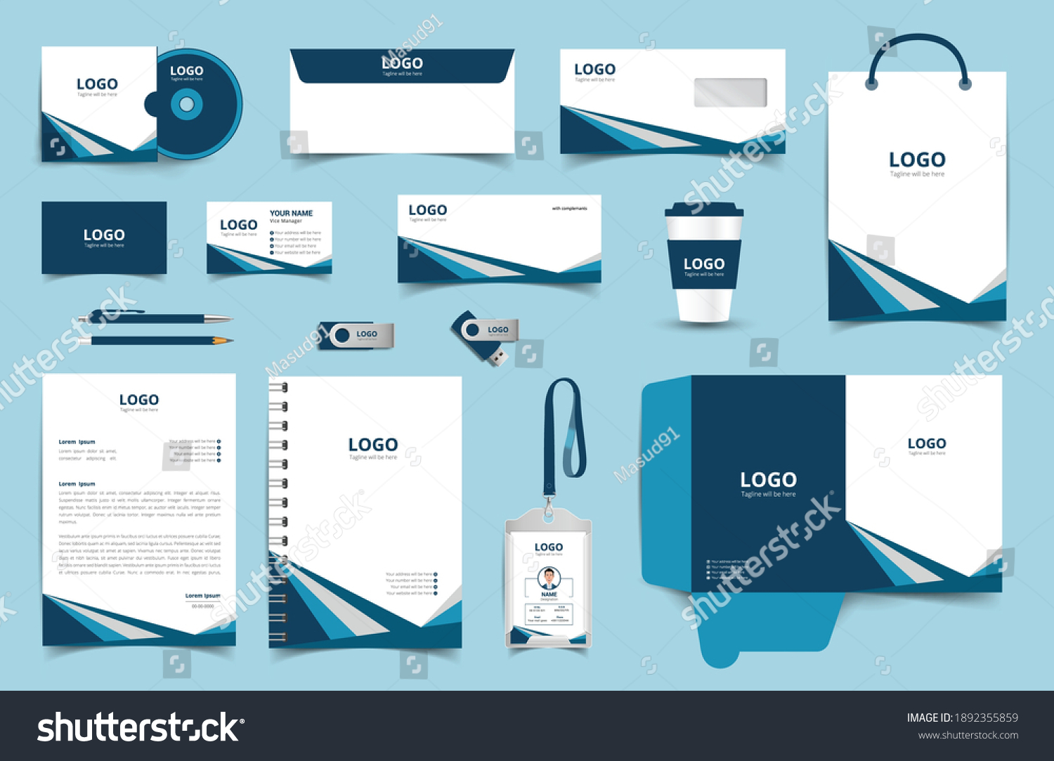 Corporate Brand Identity Mockup set with digital elements. Classic full stationery template design. Editable vector illustration: Business card, Bag, Id card, envelope, cup, letterhead, pen etc. #1892355859