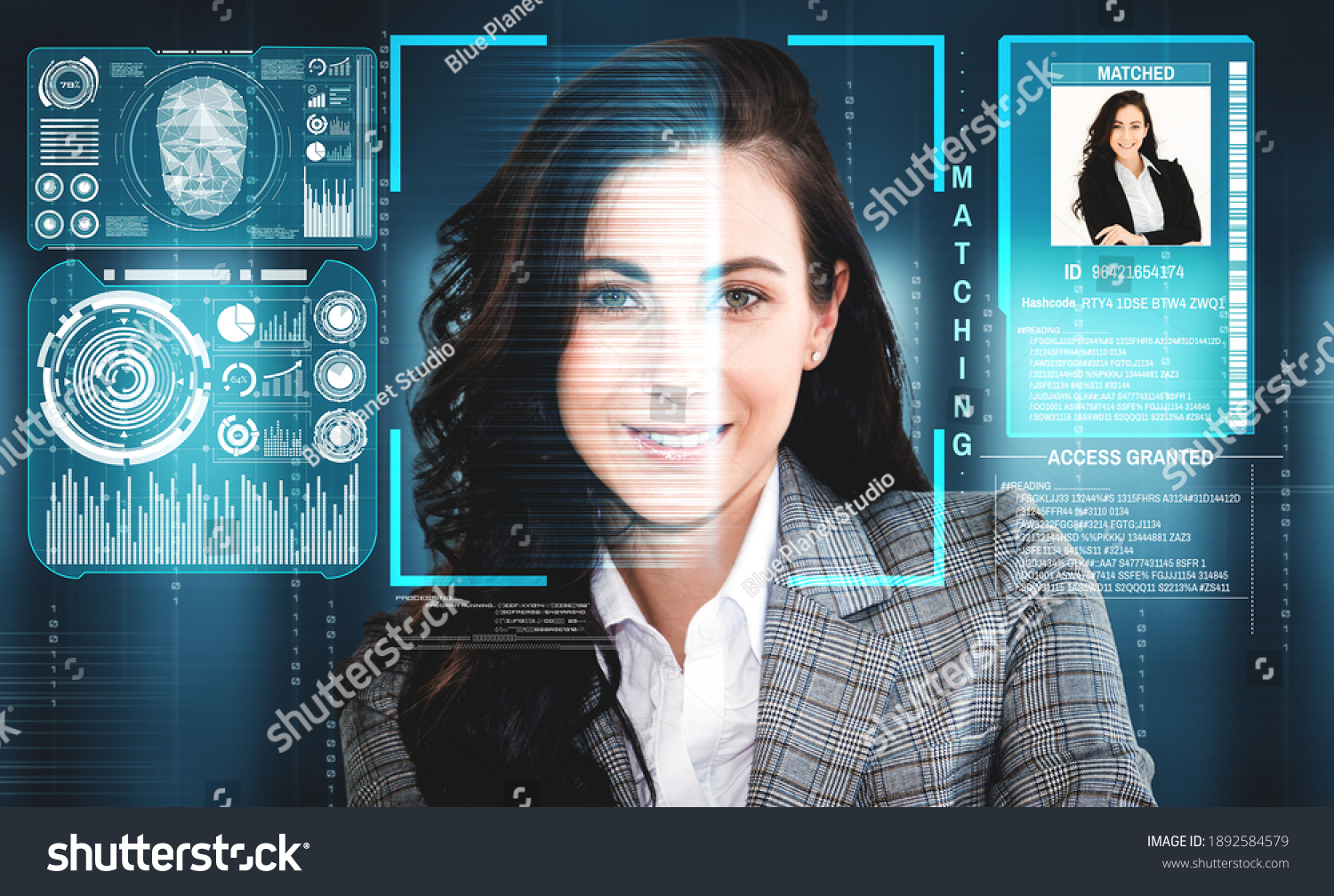 Facial recognition technology scan and detect people face for identification . Future concept interface showing digital biometric security system that analyze human face to verify personal data . #1892584579