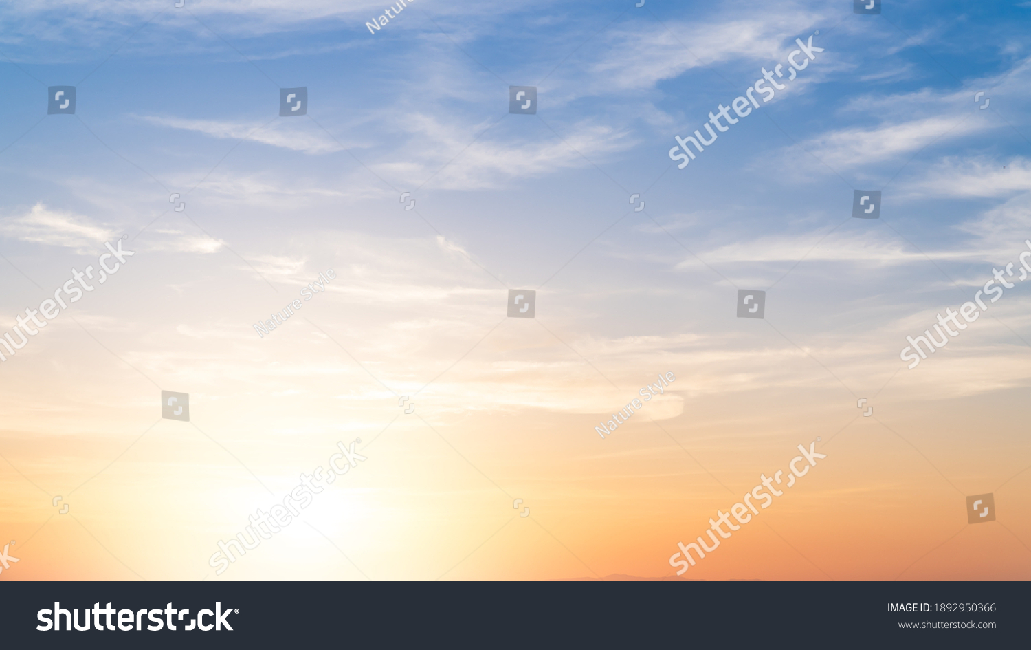 Sunset Sky, Morning Sunrise with colorful Yellow, Orange Sunrise on blue white Cloud, Golden hour Romantic Summer Sky Background  #1892950366