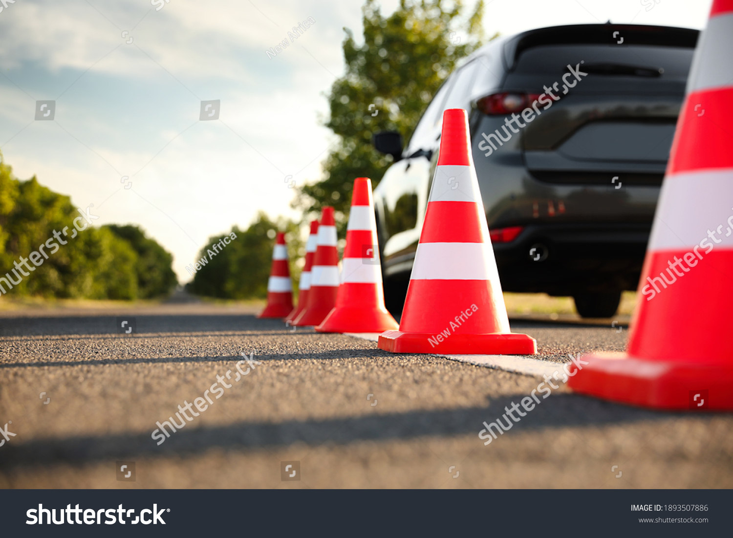Traffic cones near car outdoors. Driving school exam #1893507886