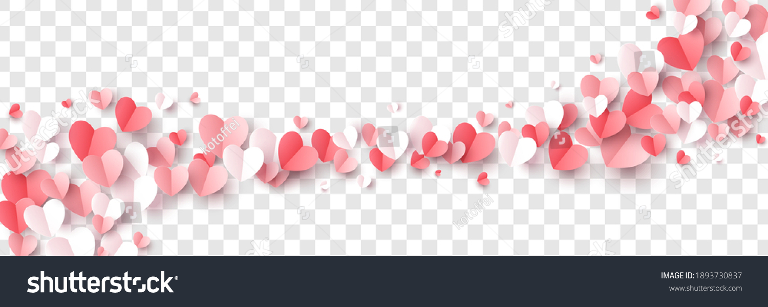 Red, pink and white flying hearts isolated on transparent background. Vector illustration. Paper cut decorations for Valentine's day border or frame design, #1893730837