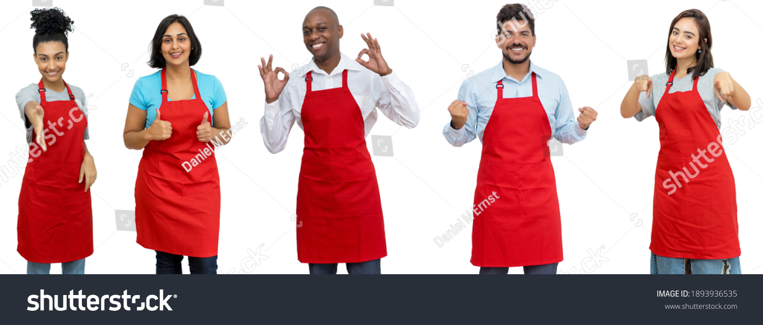 Group of 5 happy latin american and african and caucasian waiters and waitresses isolated on white background for cut out #1893936535