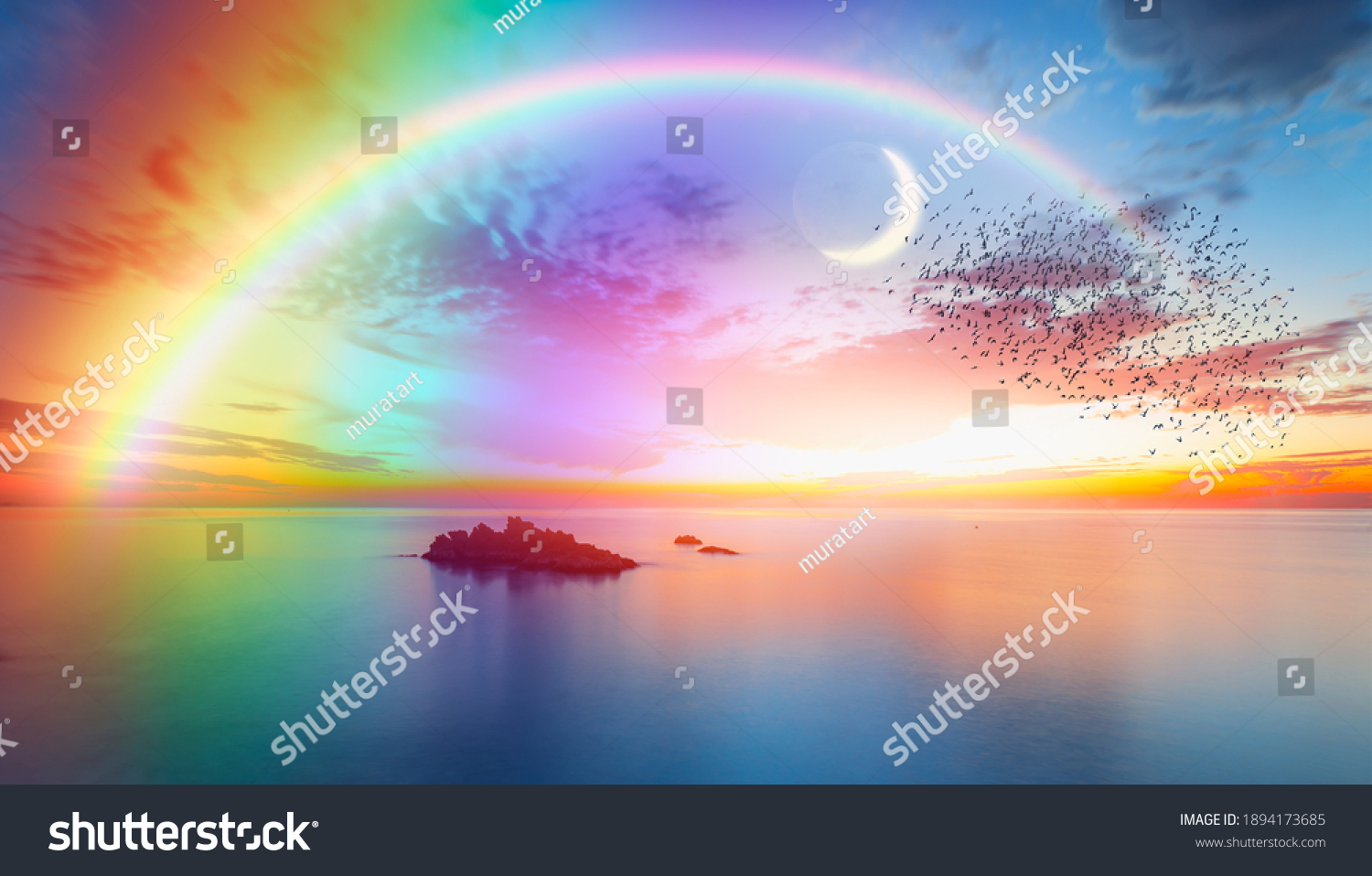 Dusk rainbow concept - Beautiful landscape with multi colored calm sea with double sided rainbow at dusk #1894173685
